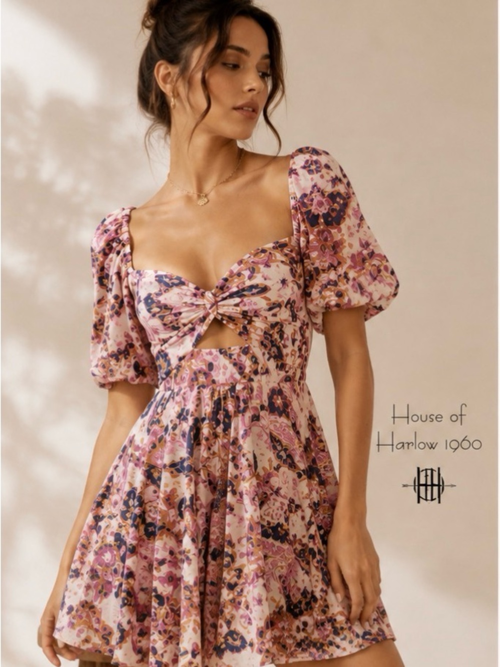 House of Harlow 1960 Pink & Purple Floral Twist-Front Mini Dress